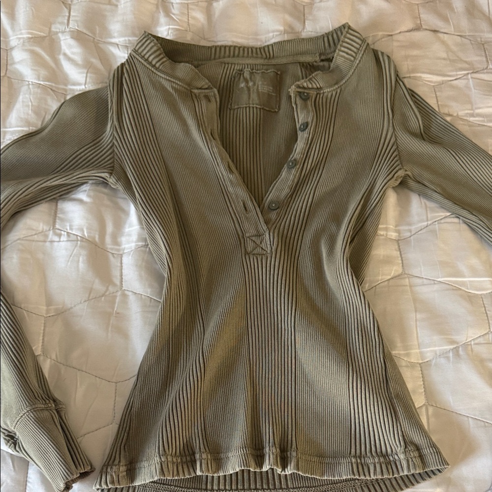 Aerie Olive Button Down Ribbed Top